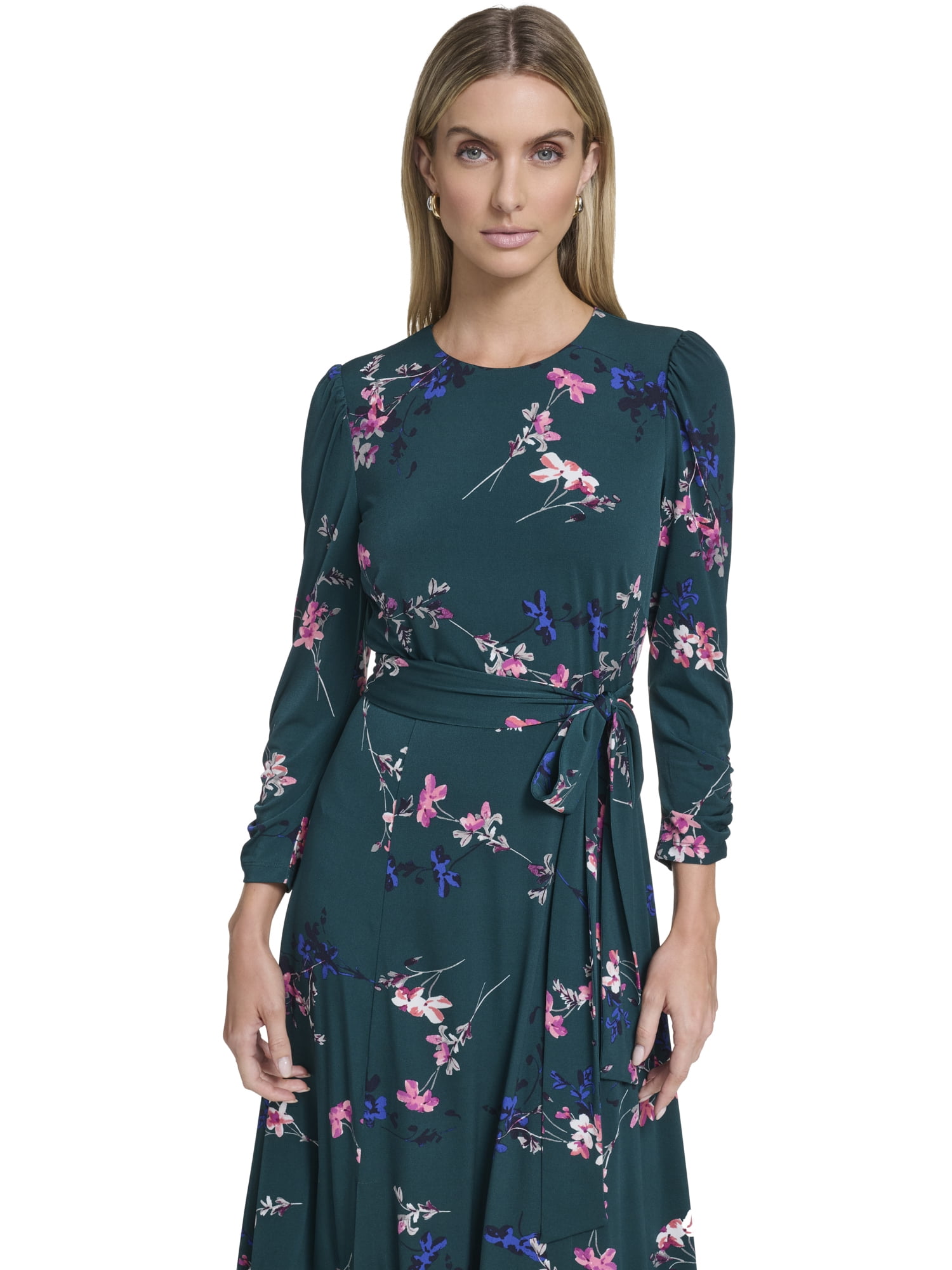 Falling Flowers Women's 3/4 Sleeve Belted Midi Dress, Sizes XS-XL - Image 2