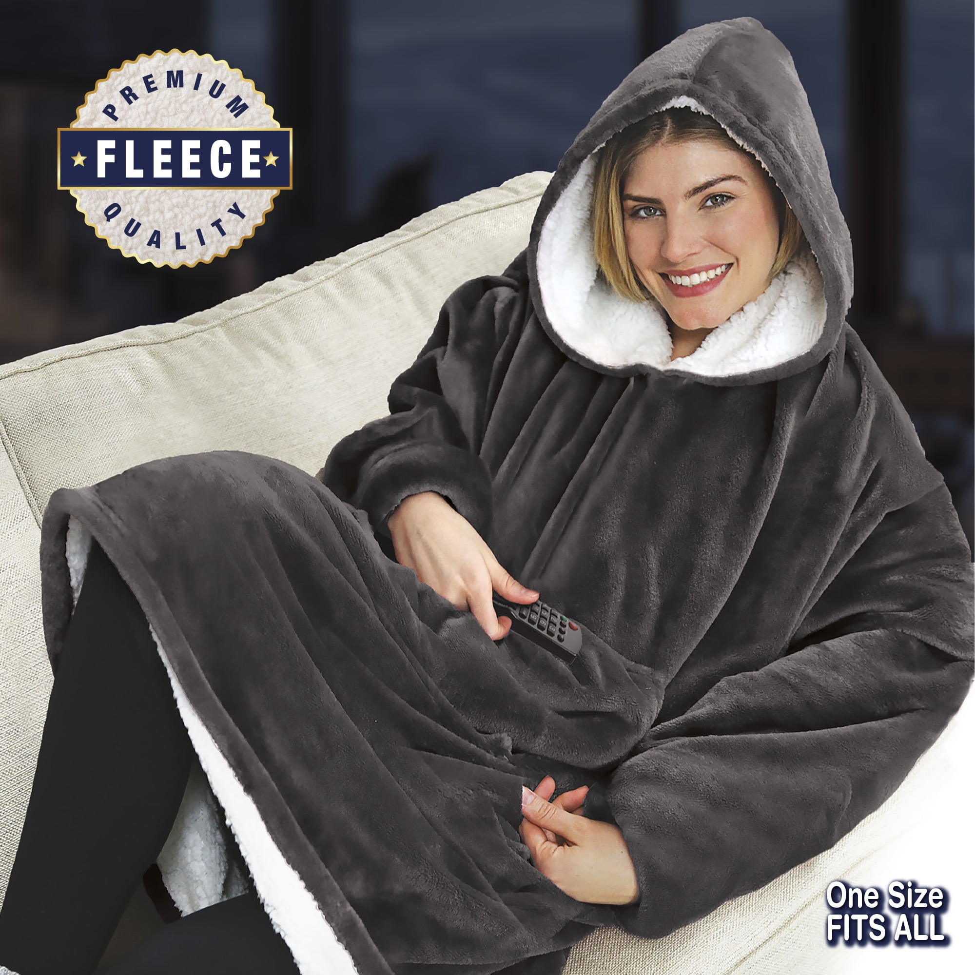 Huggle Blanket Hoodie, Ultra Plush Blanket, Wearable Blanket for Men and Women, One Size, Grey - Image 3