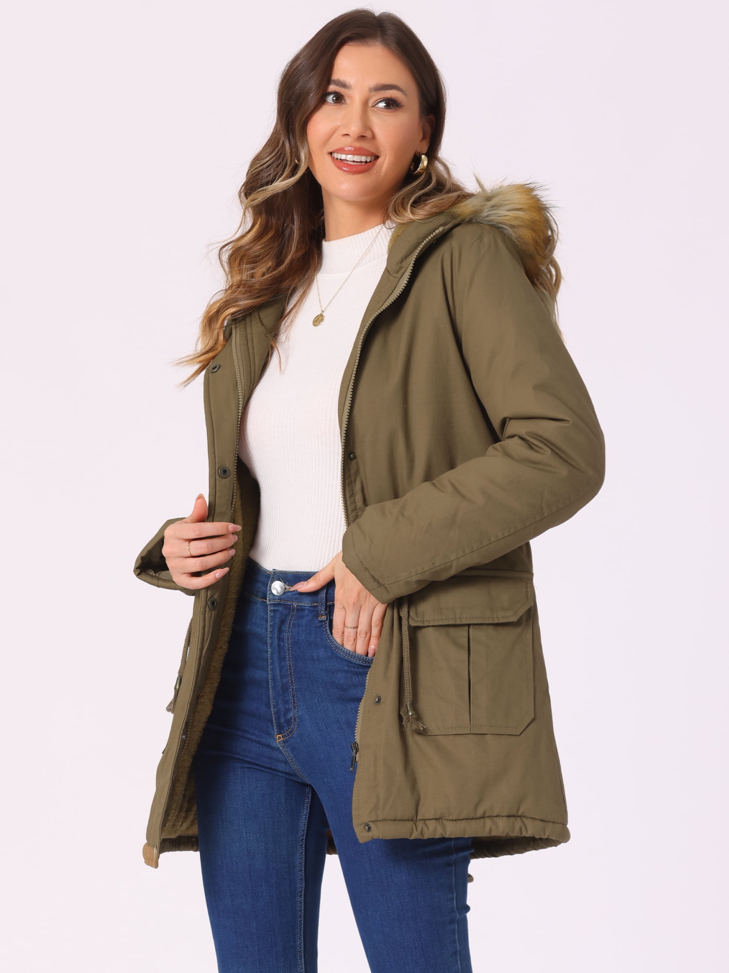 Unique Bargains Women Windproof Winter Parka Puffer Coat with Faux Fur Hood S Khaki - Image 3
