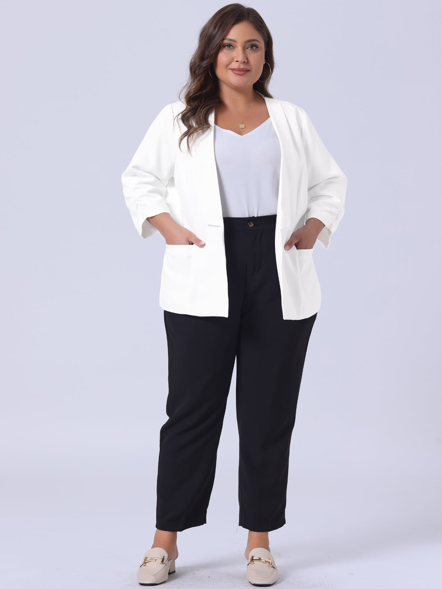 DARING DIVA Women's Plus Shawl Collar 3/4 Ruched Sleeve Blazers White 1X - Image 3