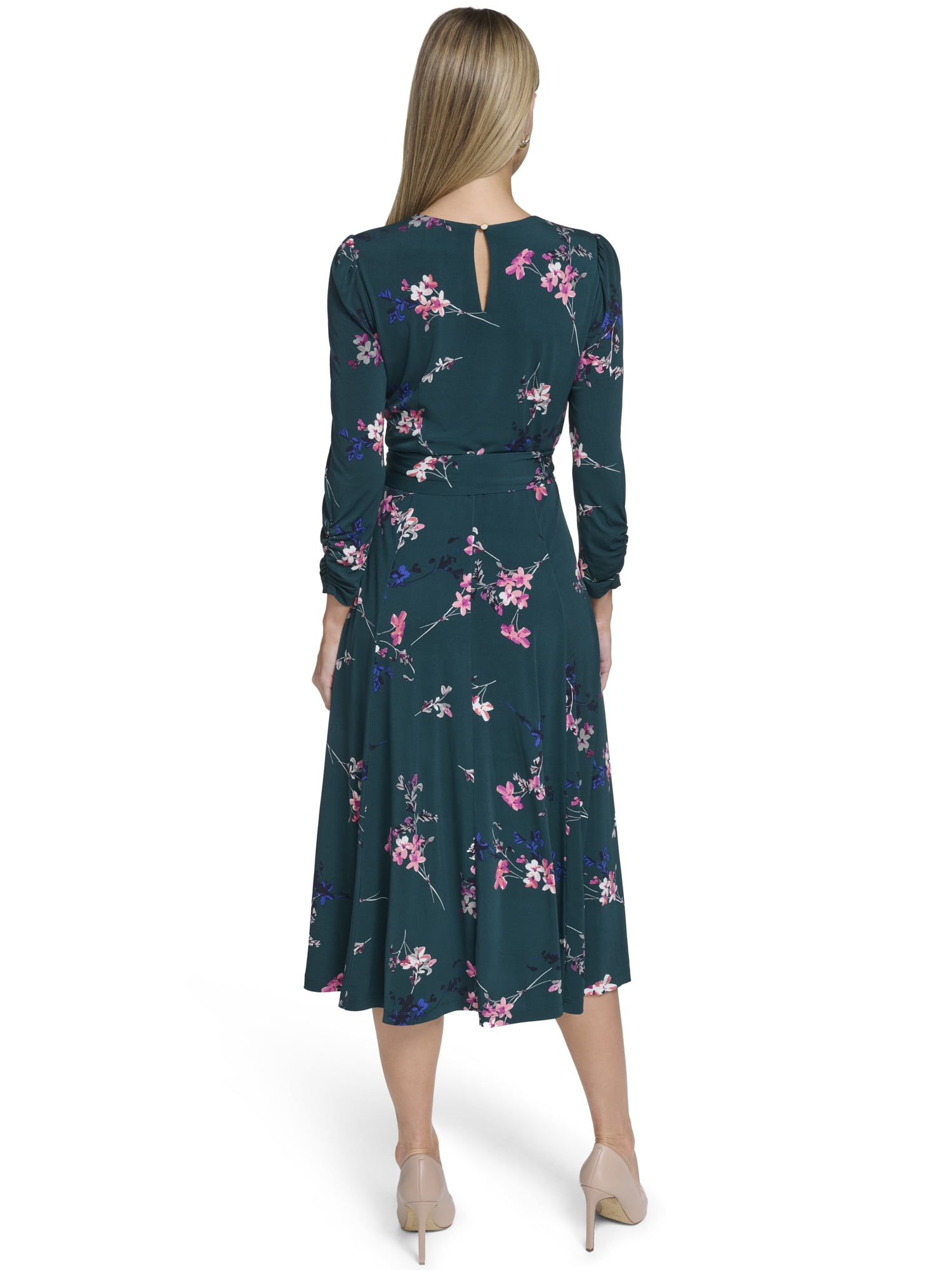 Falling Flowers Women's 3/4 Sleeve Belted Midi Dress, Sizes XS-XL - Image 4