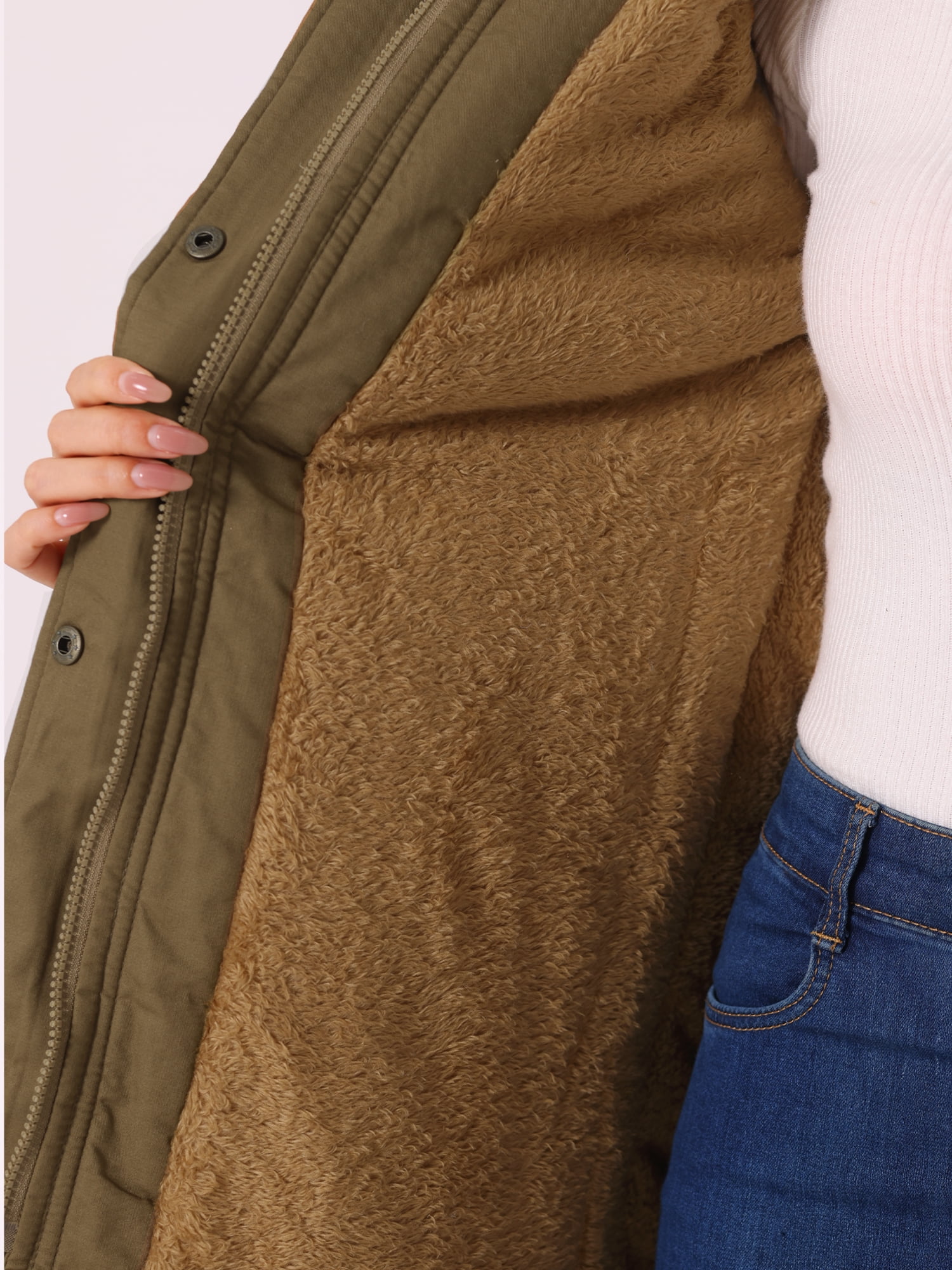 Unique Bargains Women Windproof Winter Parka Puffer Coat with Faux Fur Hood S Khaki - Image 5