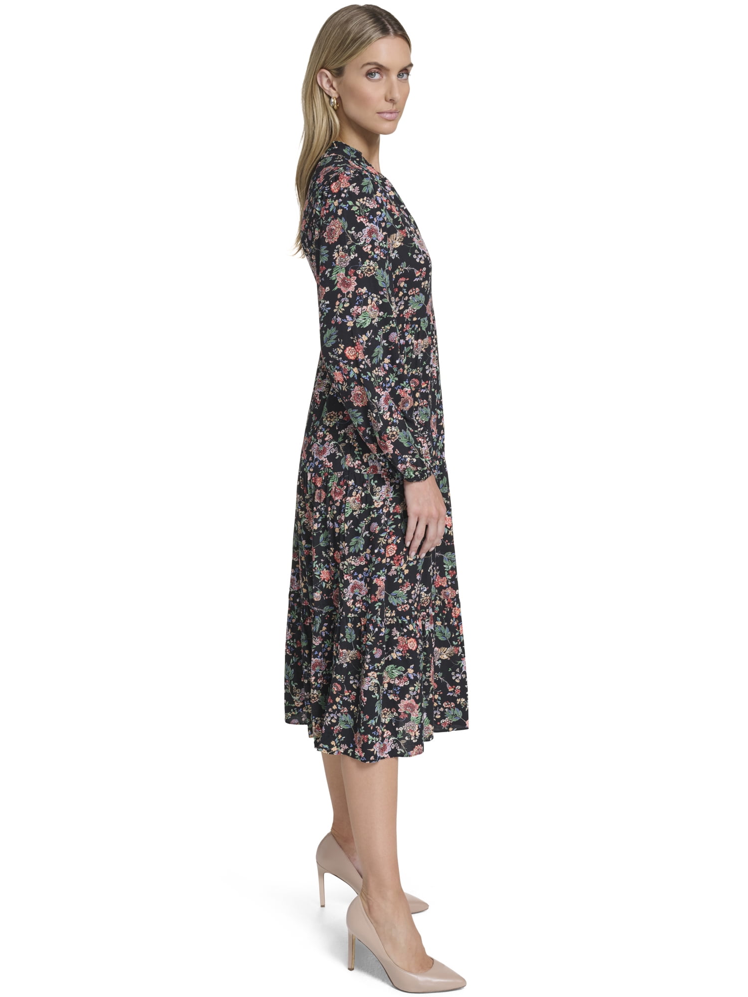 Falling Flowers Women's Notch Ruffle Collar Tiered Midi Dress, Sizes XS-XL - Image 3