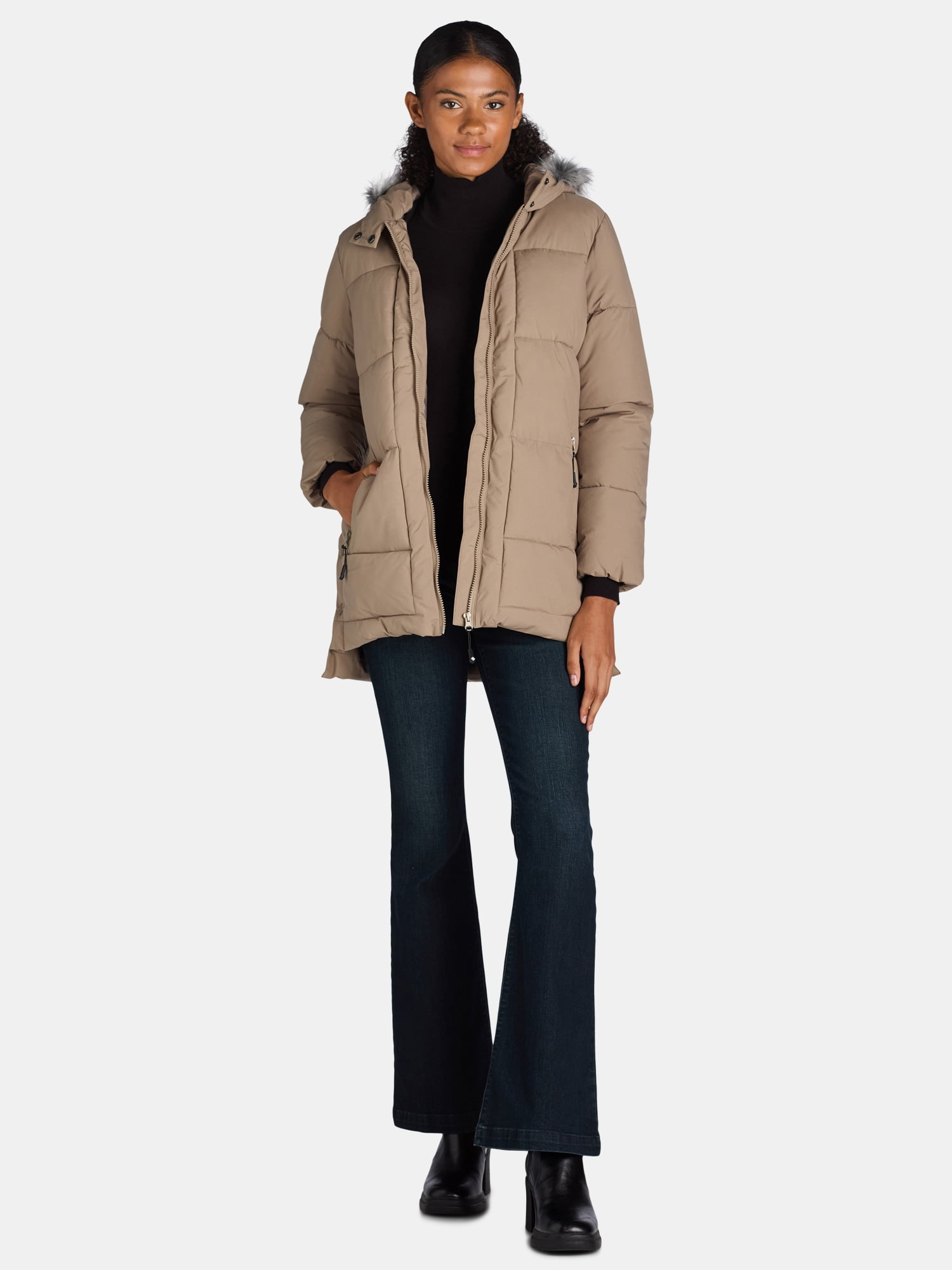 Big Chill Women's and Women's Plus Wide Quilted Puffer Coat with Faux Fur Trim Hood, Sizes S-3X - Image 2