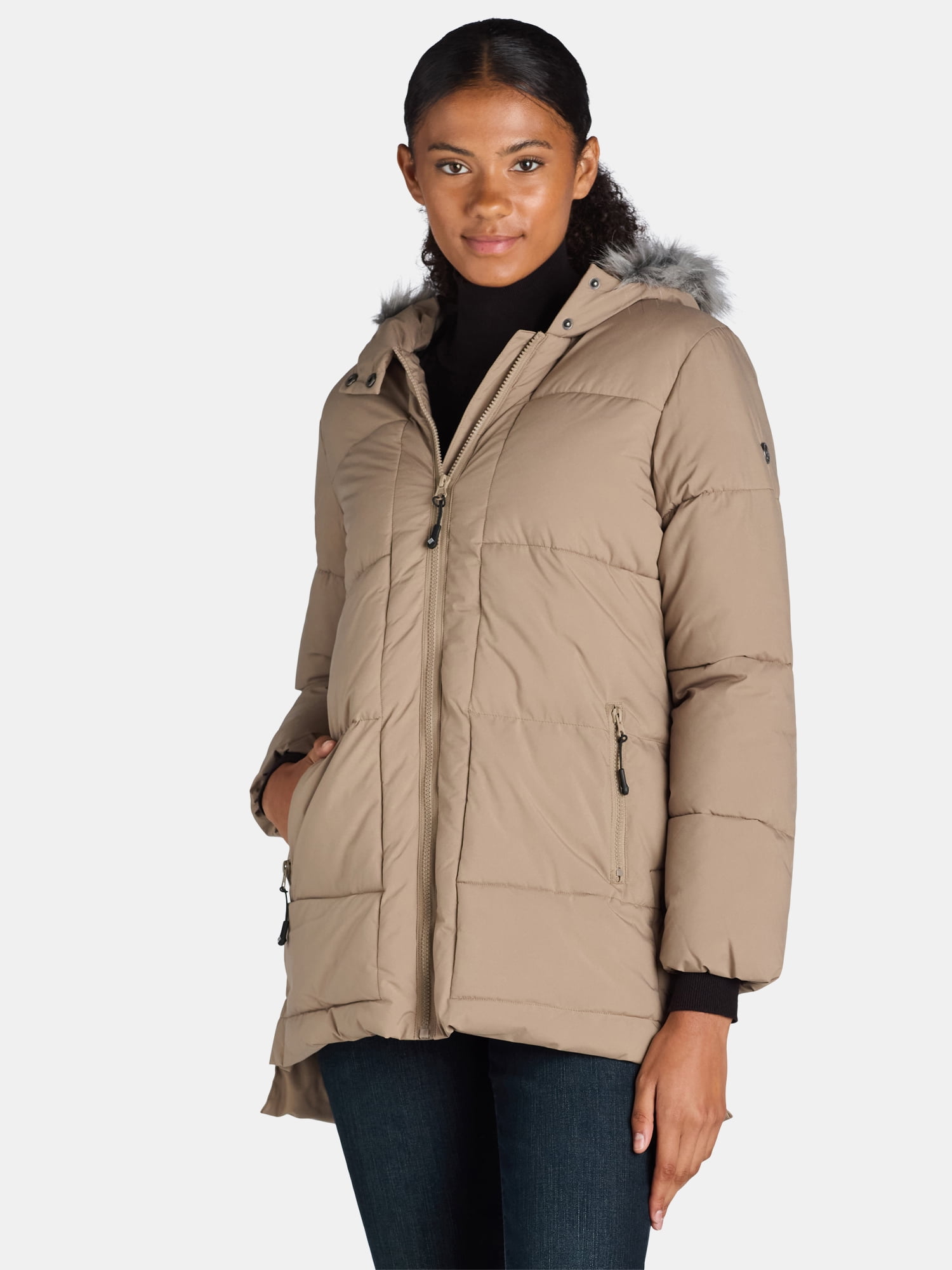 Big Chill Women's and Women's Plus Wide Quilted Puffer Coat with Faux Fur Trim Hood, Sizes S-3X