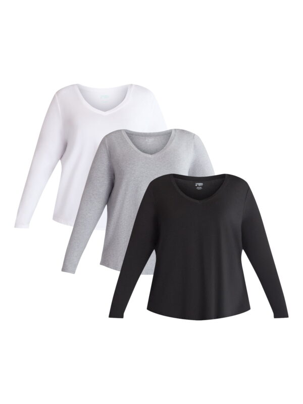 (3 Pack) Terra & Sky Women's Plus Size V-Neck Tee with Long Sleeves, Sizes 0X-5X