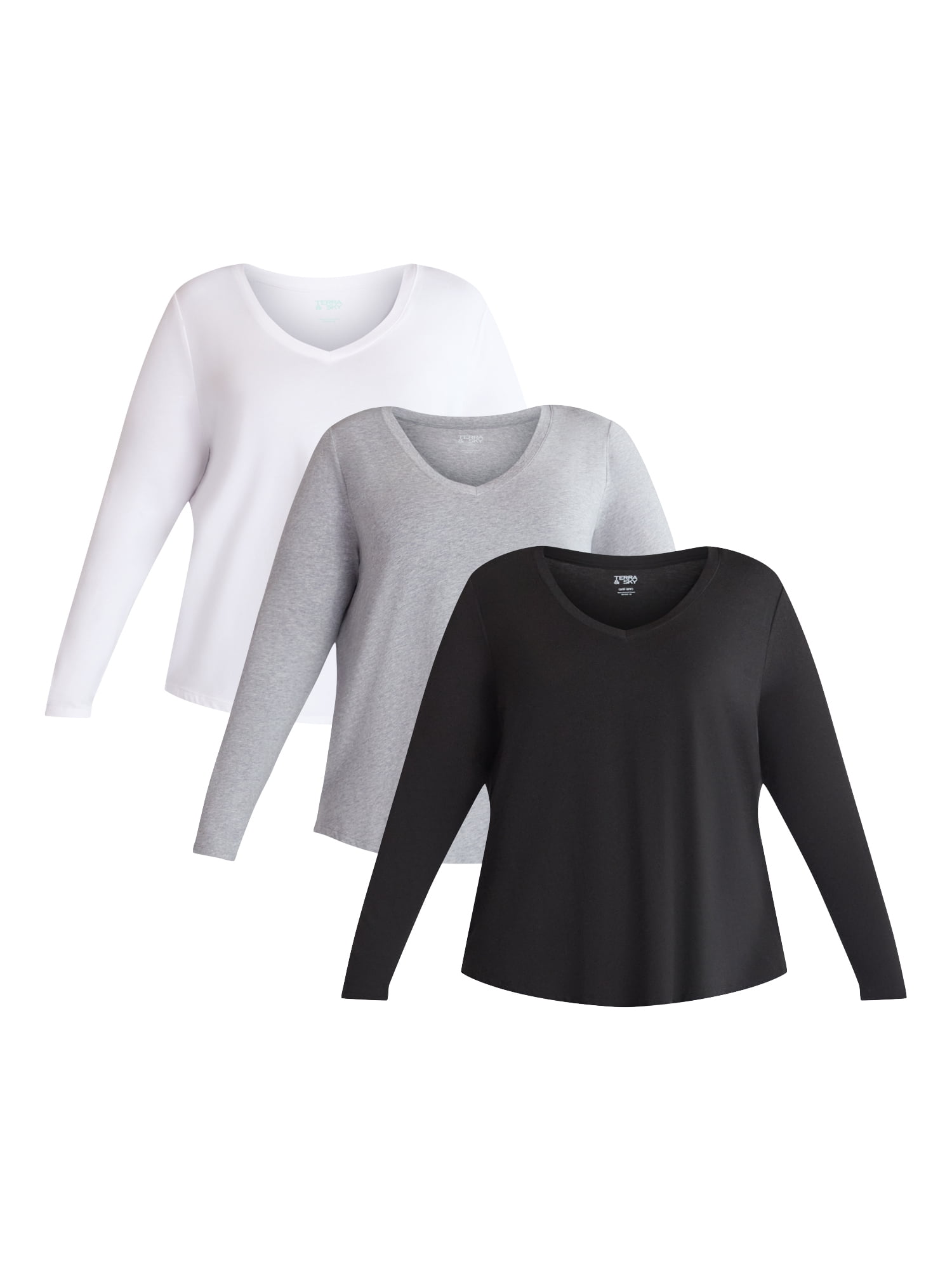 (3 Pack) Terra & Sky Women's Plus Size V-Neck Tee with Long Sleeves, Sizes 0X-5X
