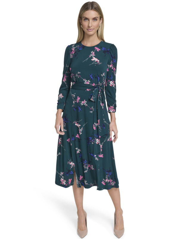 Falling Flowers Women's 3/4 Sleeve Belted Midi Dress, Sizes XS-XL