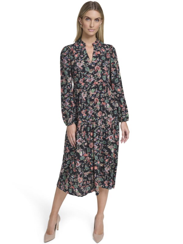 Falling Flowers Women's Notch Ruffle Collar Tiered Midi Dress, Sizes XS-XL