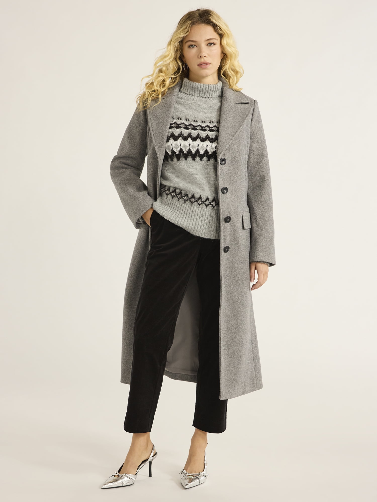 Free Assembly Women’s Faux Wool Long Coat, Sizes XS-XXXL
