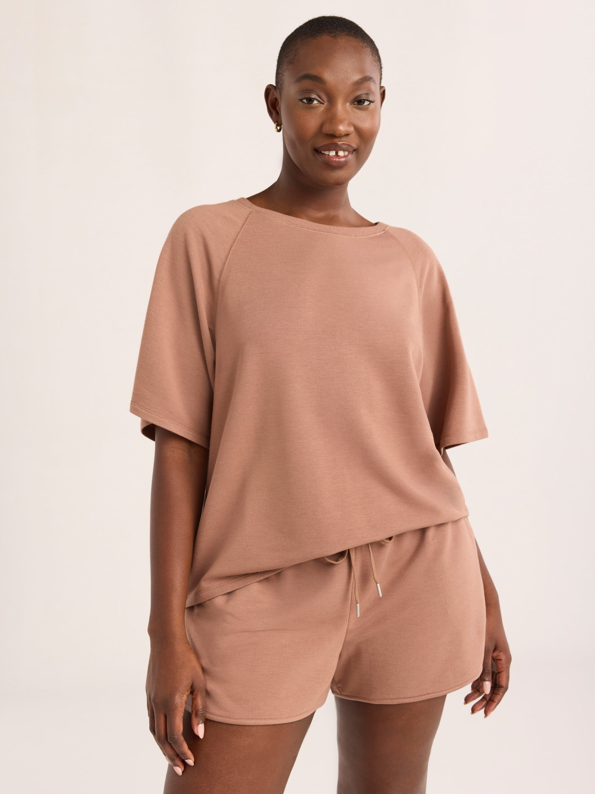 Joyspun Women's French Terry Short Sleeve Top and Shorts Set, 2-Piece, Sizes XS-3X