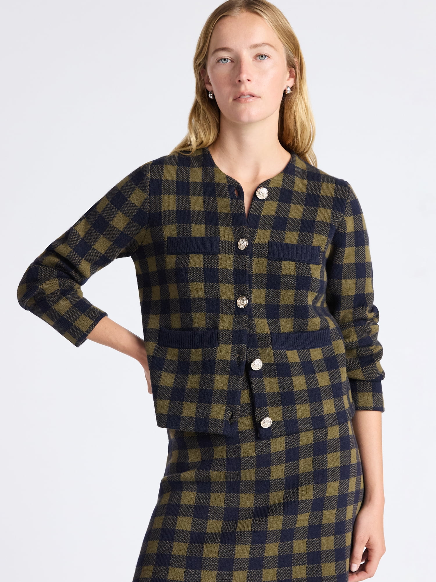 Free Assembly Women's Plaid Cardigan Sweater with Double Welt Pockets, Midweight, Sizes XS-XXL