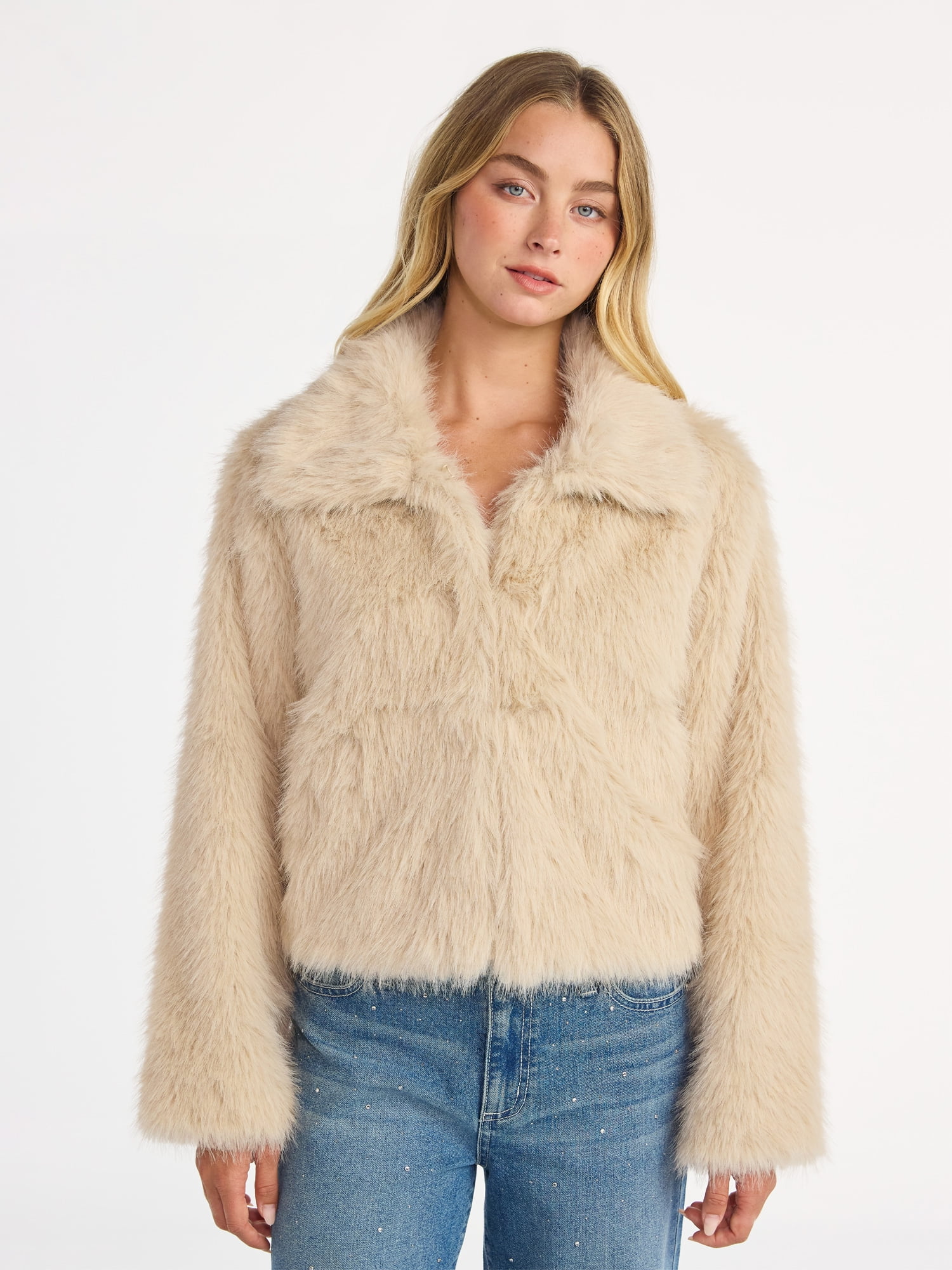 No Boundaries Faux Fur Coat, Women's and Plus
