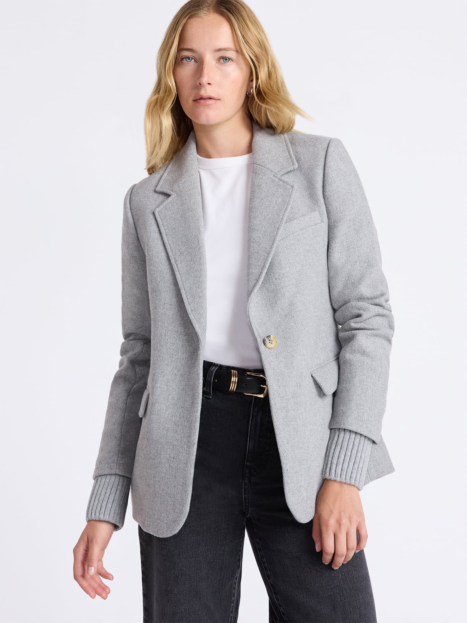 Free Assembly Women's Single Breasted Blazer with Ribbed Sweater Cuffs, Sizes XS-XXL