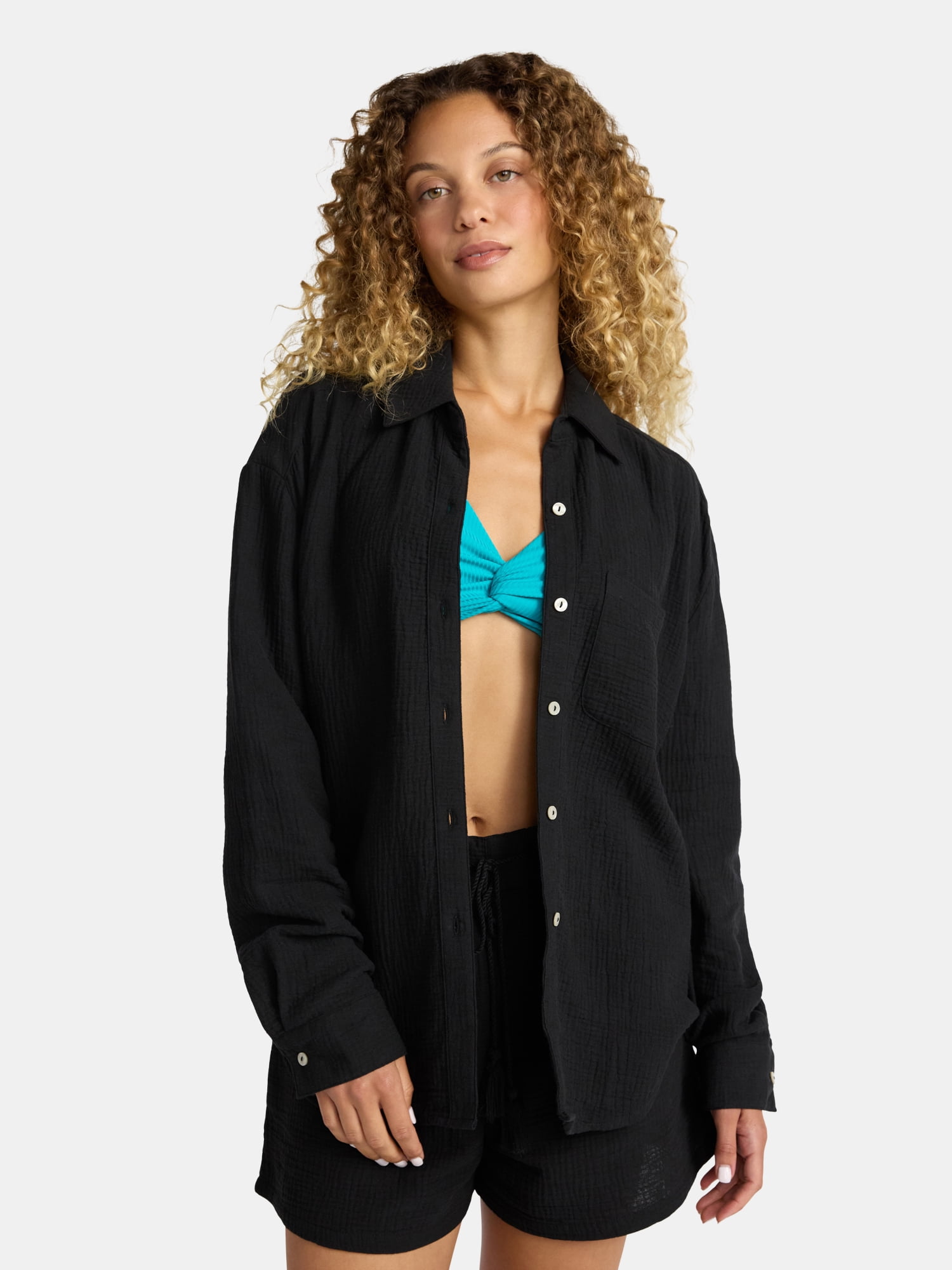 Time and Tru Women's and Women's Plus Cotton Button Up Coverup Shirt, Sizes XS-3X