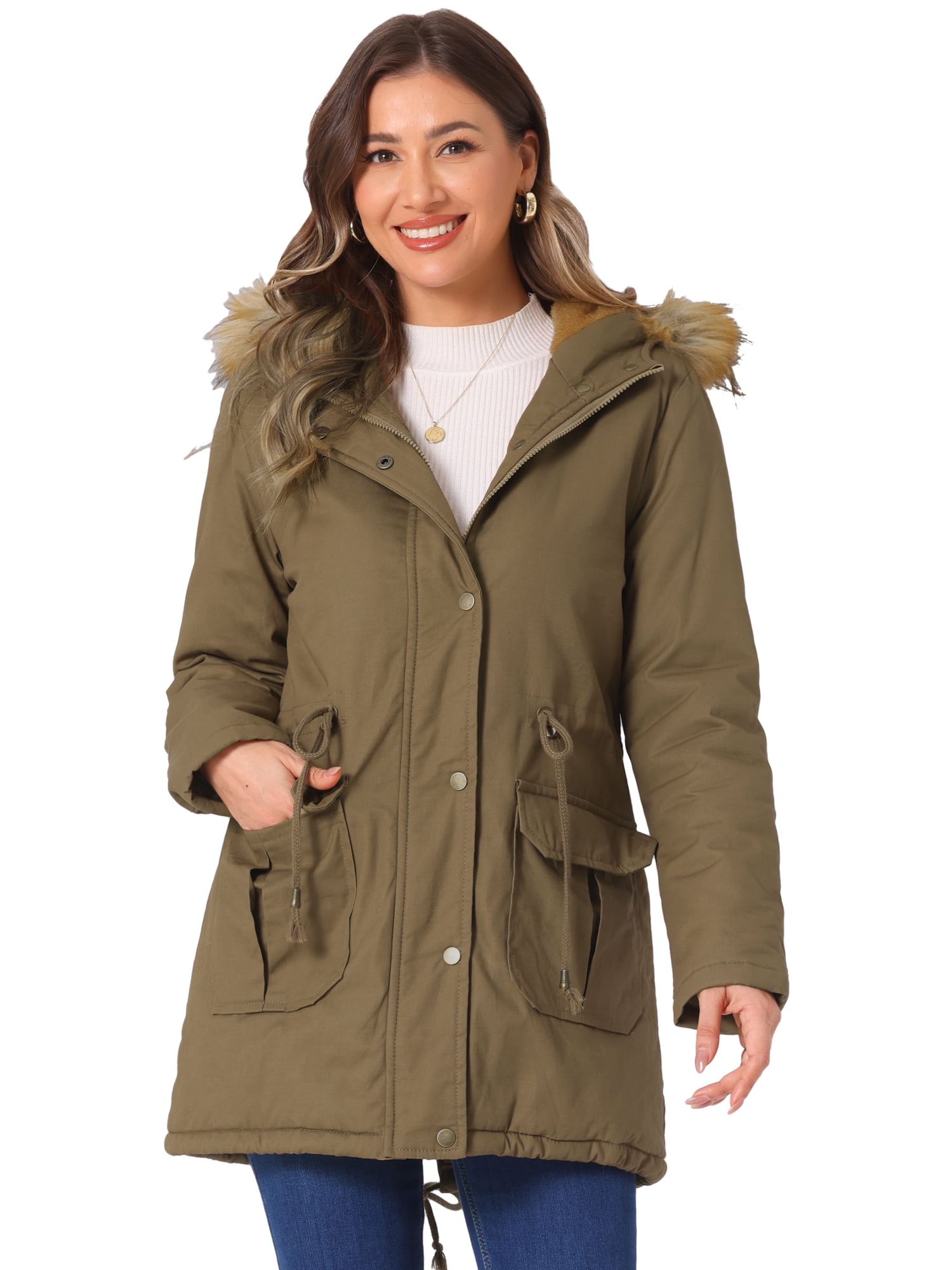 Unique Bargains Women Windproof Winter Parka Puffer Coat with Faux Fur Hood S Khaki
