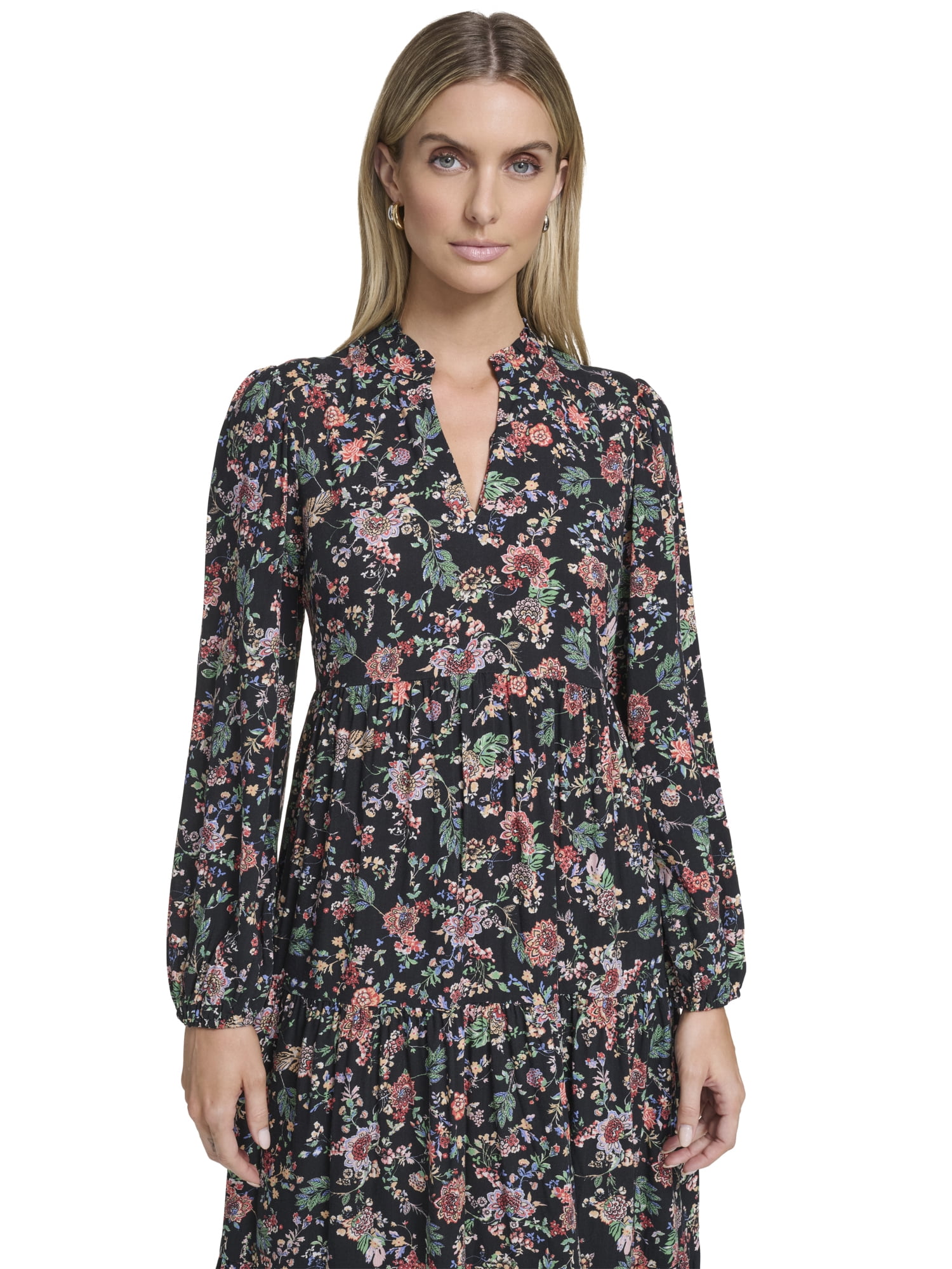 Falling Flowers Women's Notch Ruffle Collar Tiered Midi Dress, Sizes XS-XL - Image 2