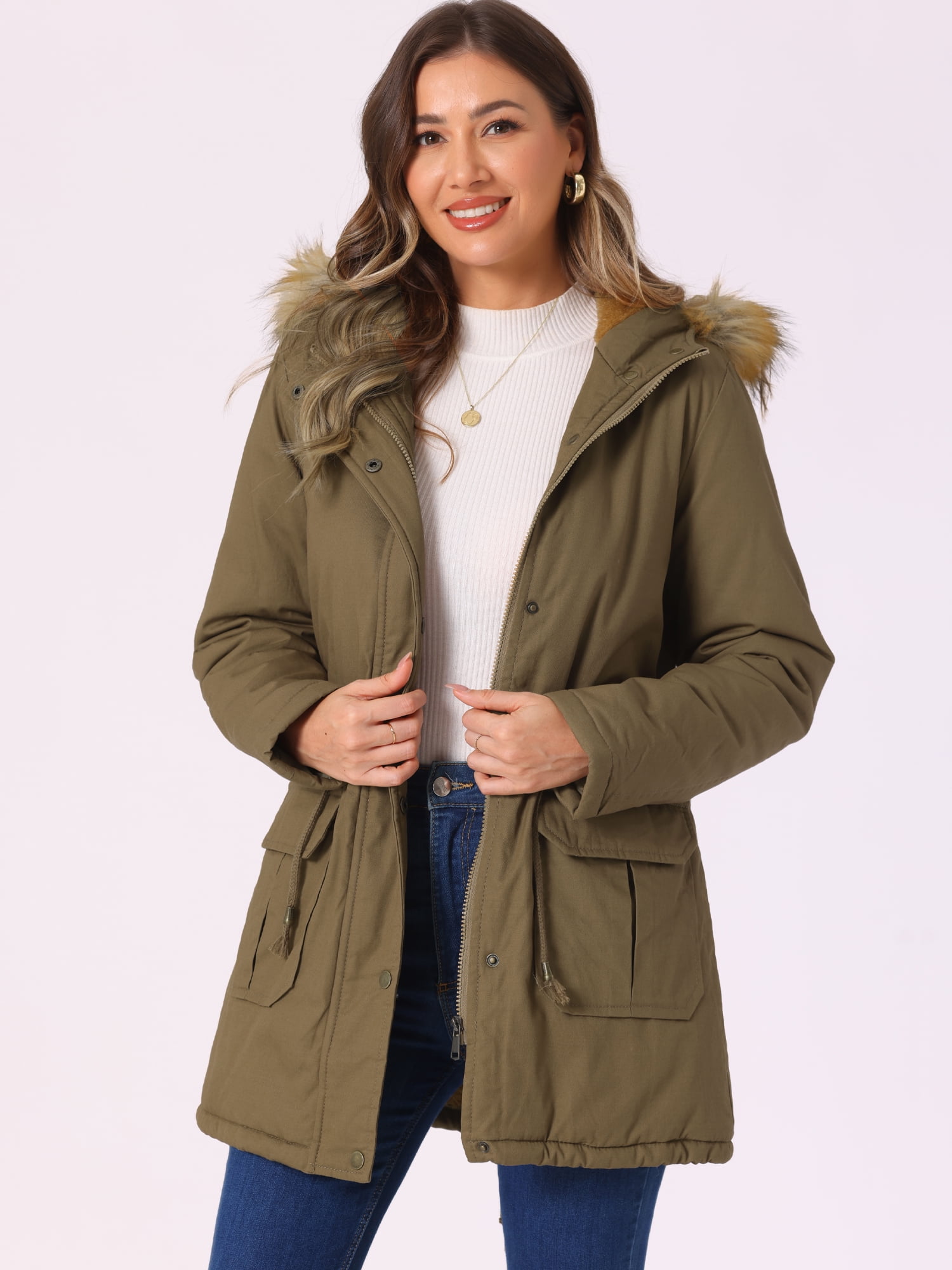Unique Bargains Women Windproof Winter Parka Puffer Coat with Faux Fur Hood S Khaki - Image 2