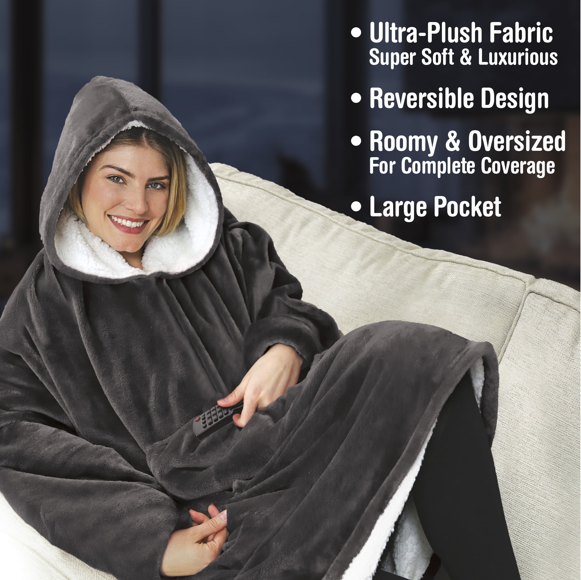 Huggle Blanket Hoodie, Ultra Plush Blanket, Wearable Blanket for Men and Women, One Size, Grey - Image 7