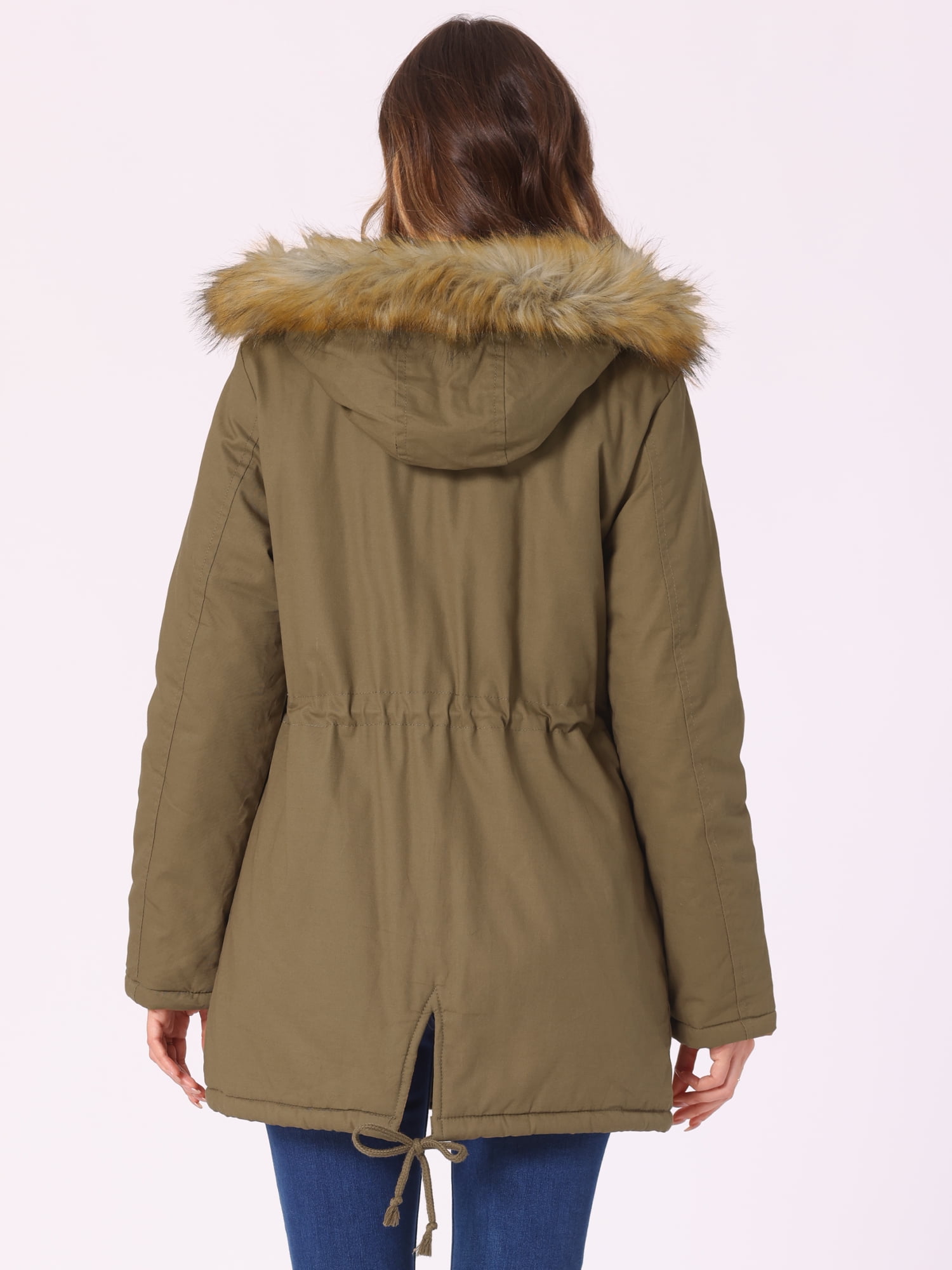 Unique Bargains Women Windproof Winter Parka Puffer Coat with Faux Fur Hood S Khaki - Image 4